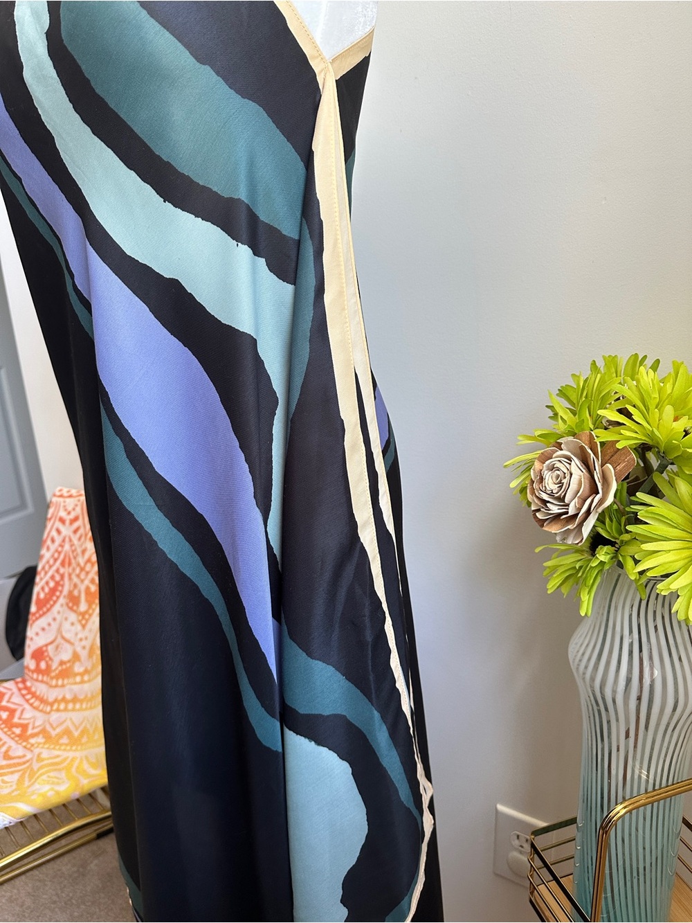 RACHEL Rachel Roy Asymmetrical Silky Dress with Teal, Mint & Beige Trim - Picture 4 of 13